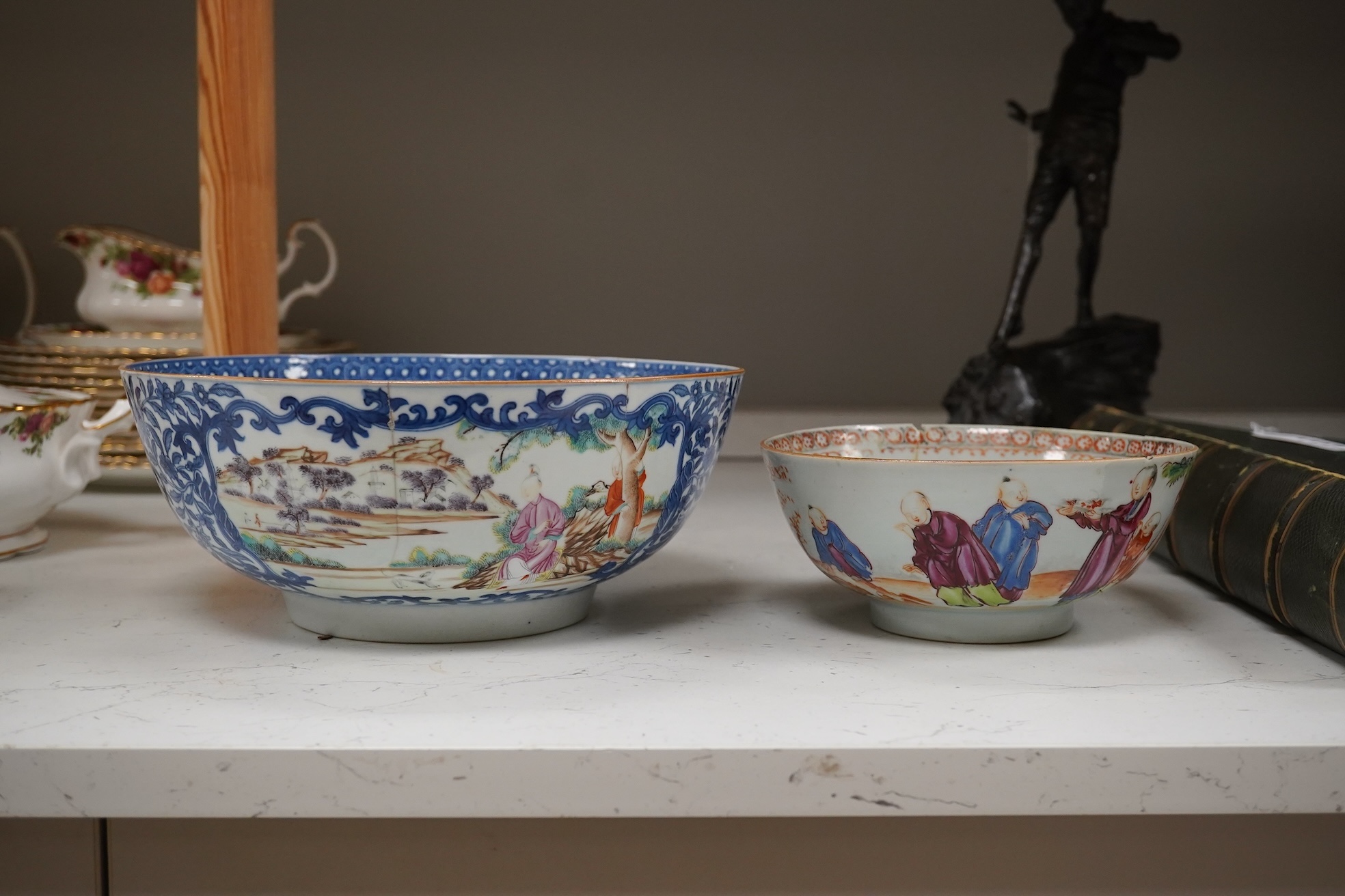 Two 18th century Chinese export famille rose bowls (a.f) largest 26cm diameter. Condition - poor